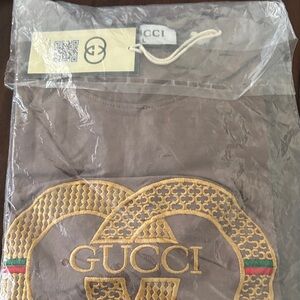 Gucci Taupe Tee with Gold Embroidered Logo and Red-Green Stripe